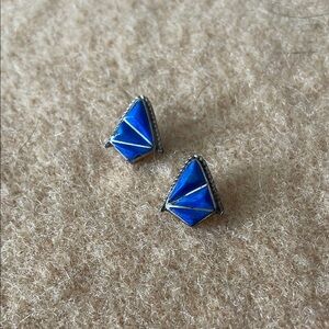 Vintage Sterling Silver 925 Blue Lapis Lazuli Geometric Post Stud Earrings